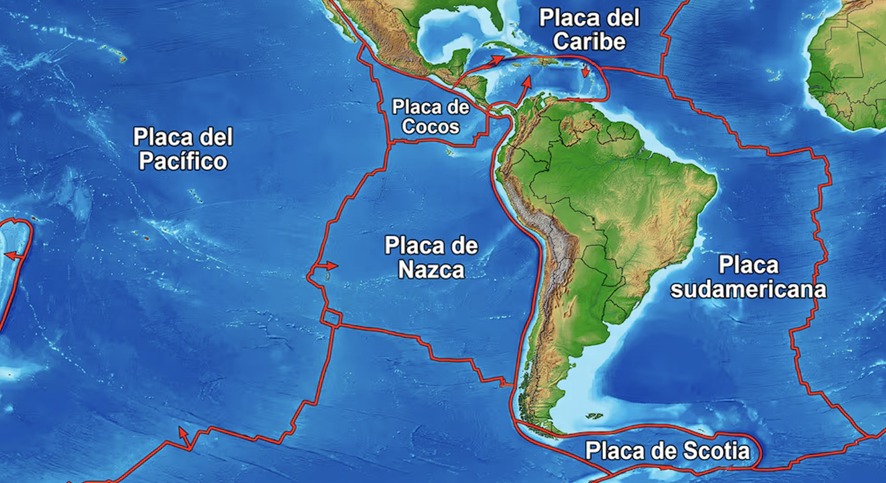 Mapa de las placas tectónicas de Centroamérica, Sudamérica y el océano Pacífico, mostrando sus límites con líneas rojas y flechas de movimiento.
